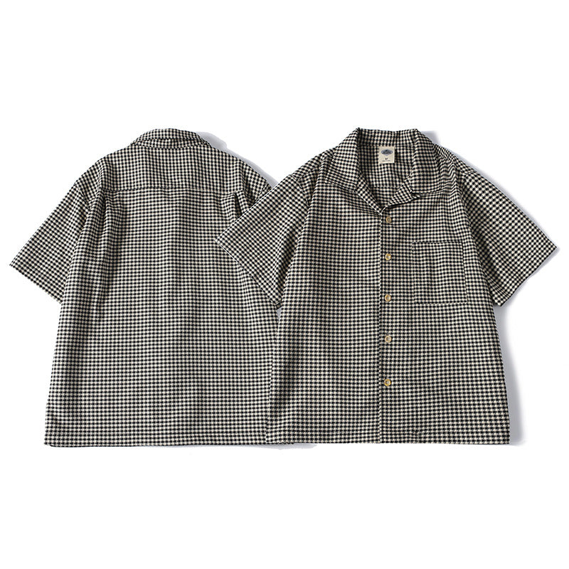 Loose Fit Men's Short Sleeve Shirt with Houndstooth Pattern and Cuban Collar