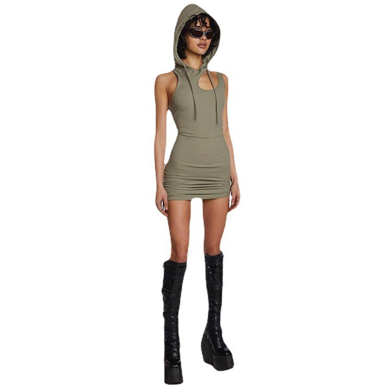 Hooded Pleated Tie-Up Dress for Women, Sexy Mini Dress with Pure Seductive Look