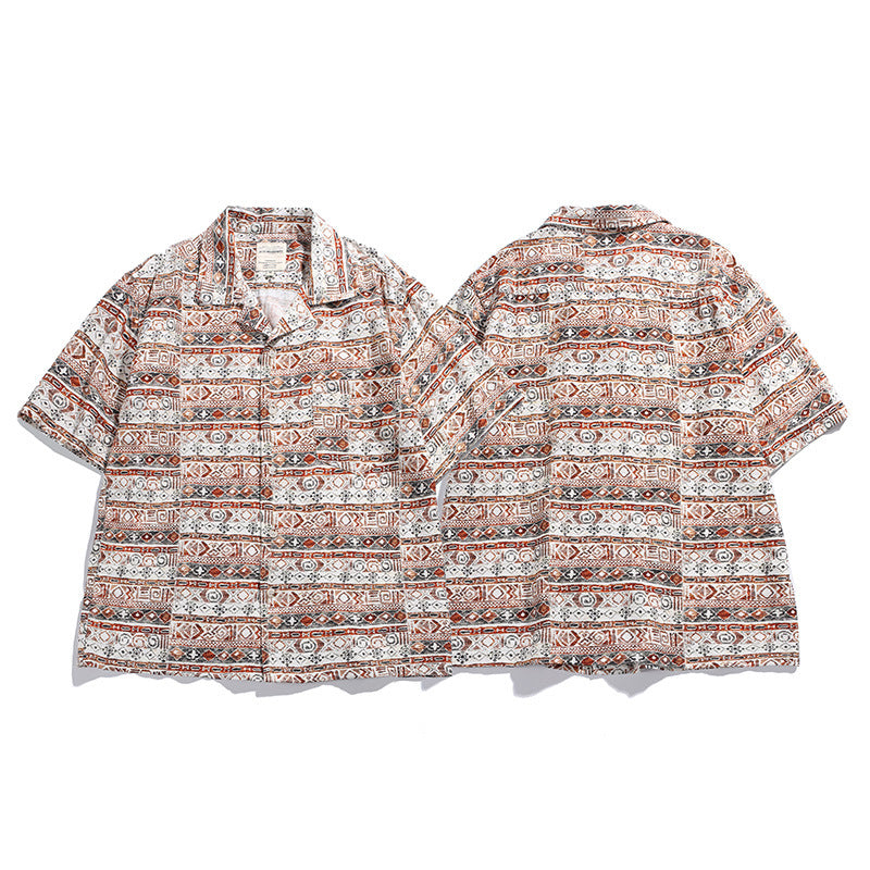 Hawaiian Print Short Sleeve Cuban Collar Loose Fit Casual Shirt