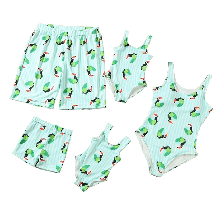 Style Printed Bikini Top with Matching Men's Beach Swim Trunks, Wholesale Bulk Supply