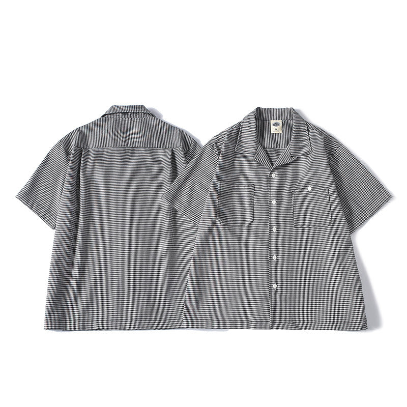 Houndstooth Pattern Short Sleeve Cuban Collar Drapey Casual Shirt