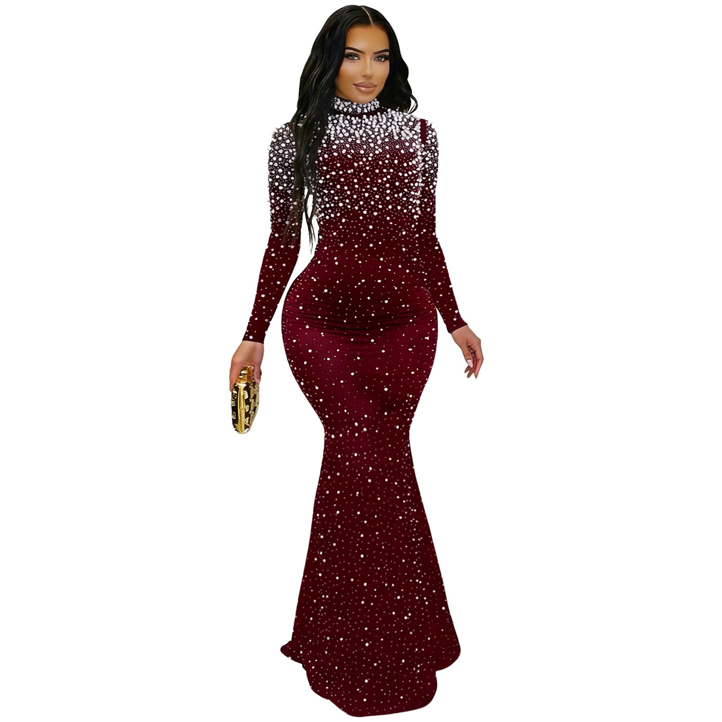 Elegant High Neck Rhinestone Beaded Bodycon Dress for Women Fashion