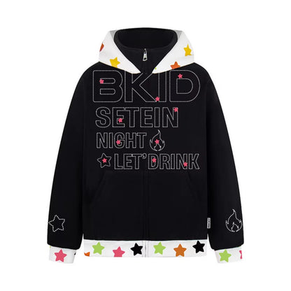 Patchwork Hooded Zip-Up Sweatshirt Loose Casual Outerwear Top