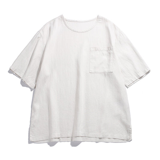 Solid Color Patch Pocket Loose Round Neck Short Sleeve Men's T-Shirt