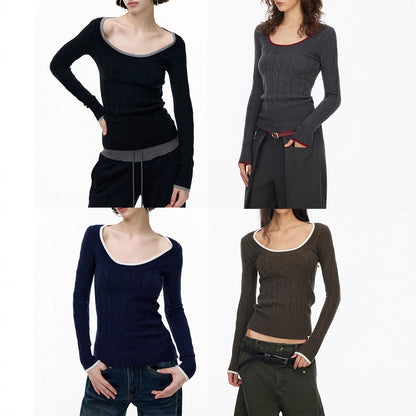 Silk-Cotton and Wool Blend Crew Neck Long Sleeve Sweater Slim Fit Knitted Top for Women
