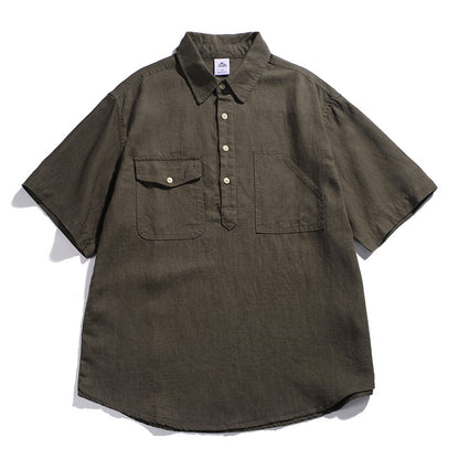 Retro Workwear Polo Shirt  Multi-Pocket Loose Fit Casual Short Sleeve Shirt