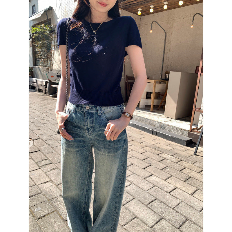 Chic and Elegant Round Neck Fitted Short Sleeve Knit Top
