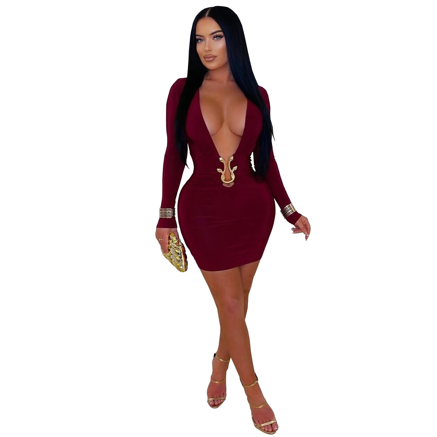 Fashionable Women's Sexy Deep V-Neck Bodycon Dress with Snake Pattern Accessories