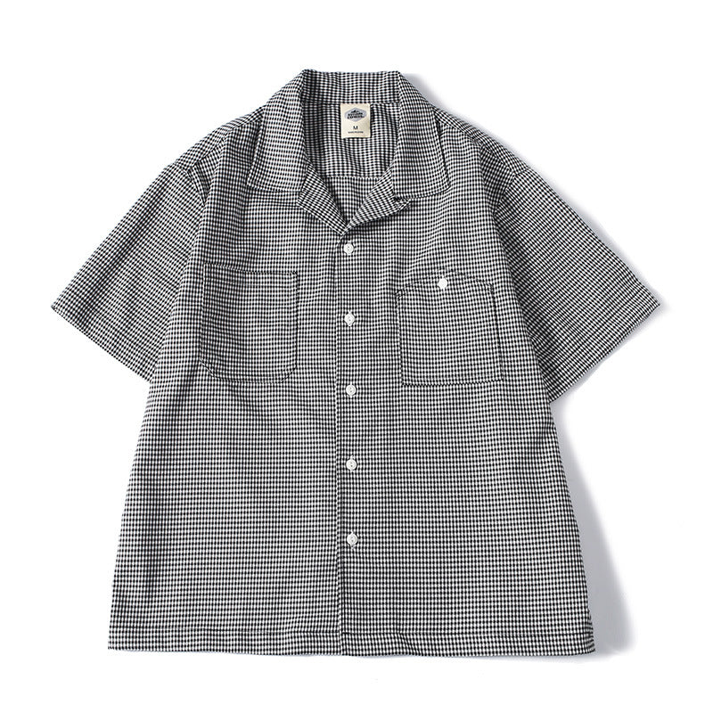 Houndstooth Pattern Short Sleeve Cuban Collar Drapey Casual Shirt