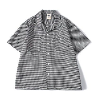 Houndstooth Pattern Short Sleeve Cuban Collar Drapey Casual Shirt