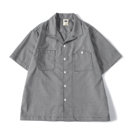Houndstooth Pattern Short Sleeve Cuban Collar Drapey Casual Shirt