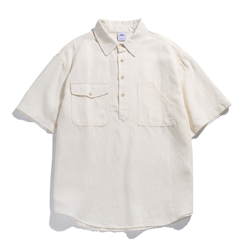 Retro Workwear Polo Shirt  Multi-Pocket Loose Fit Casual Short Sleeve Shirt