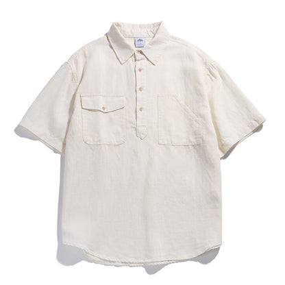 Retro Workwear Polo Shirt  Multi-Pocket Loose Fit Casual Short Sleeve Shirt