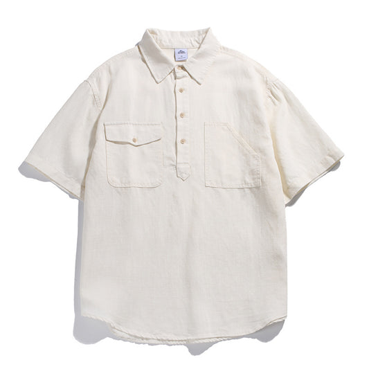 Retro Workwear Polo Shirt  Multi-Pocket Loose Fit Casual Short Sleeve Shirt