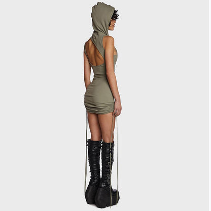 Hooded Pleated Tie-Up Dress for Women, Sexy Mini Dress with Pure Seductive Look