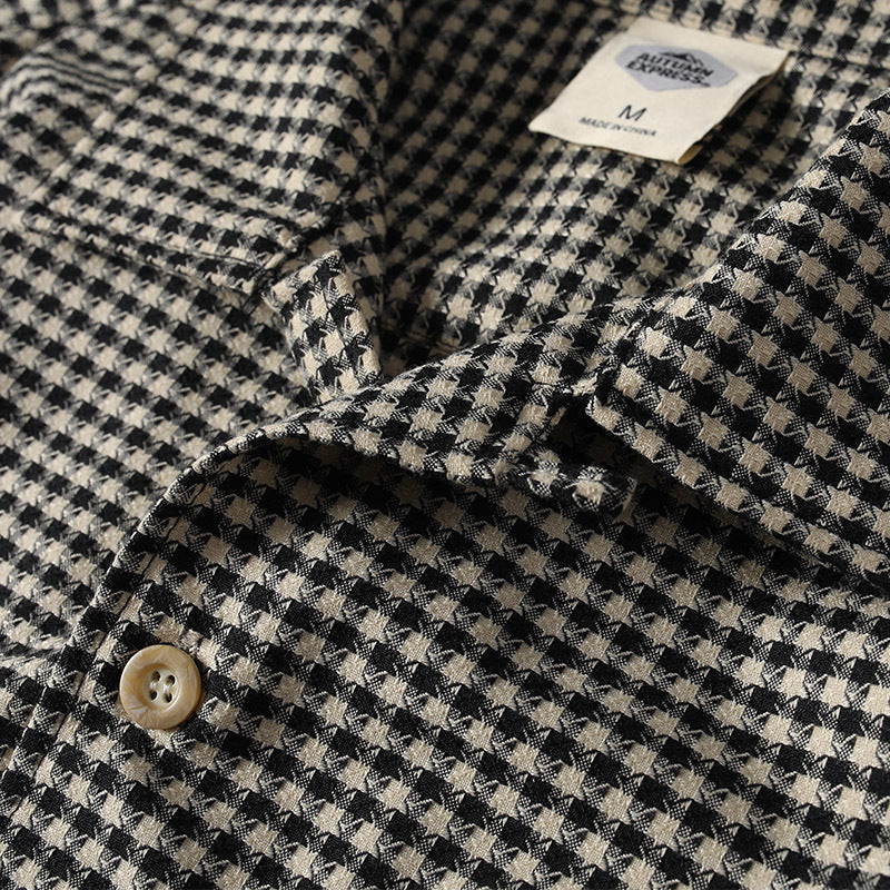 Loose Fit Men's Short Sleeve Shirt with Houndstooth Pattern and Cuban Collar