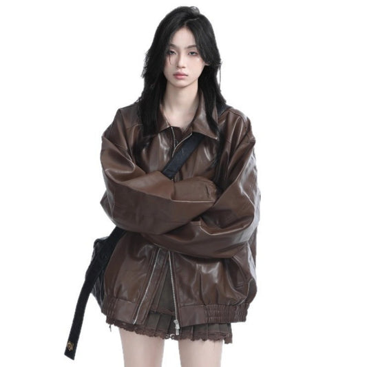 Retro style PU leather jacket for women