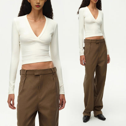 V-Neck Split Bodysuit Top, Elegant Fitted Stretch Slimming Waist T-Shirt for Women