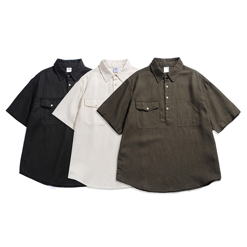 Retro Workwear Polo Shirt  Multi-Pocket Loose Fit Casual Short Sleeve Shirt
