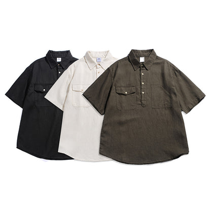 Retro Workwear Polo Shirt  Multi-Pocket Loose Fit Casual Short Sleeve Shirt
