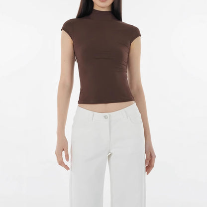 Soft High Neck Elastic Slim Fit Short Sleeve T-Shirt for Women