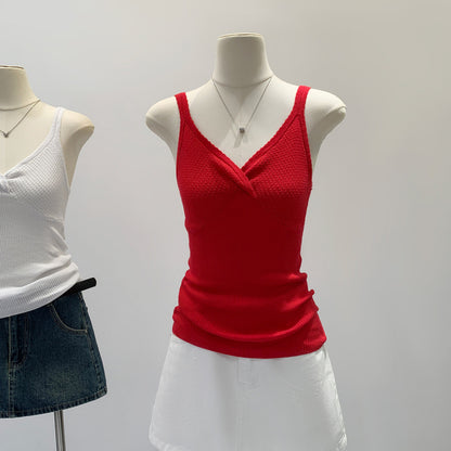 V-neck Red Inner Crop Top with Unique