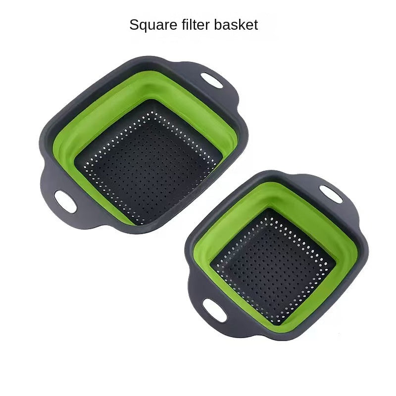 Foldable silicone vegetable storage basket in square shape, designed for washing and draining vegetables.