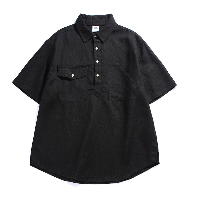Retro Workwear Polo Shirt  Multi-Pocket Loose Fit Casual Short Sleeve Shirt