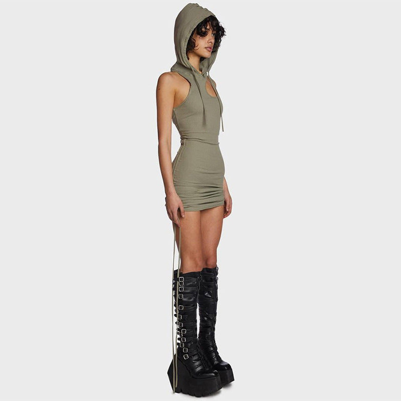 Hooded Pleated Tie-Up Dress for Women, Sexy Mini Dress with Pure Seductive Look