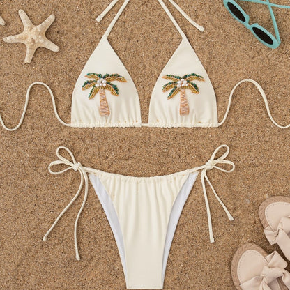 3D design women's two-piece sexy swimsuit set, tie-up bikini, solid color swimwear bikini