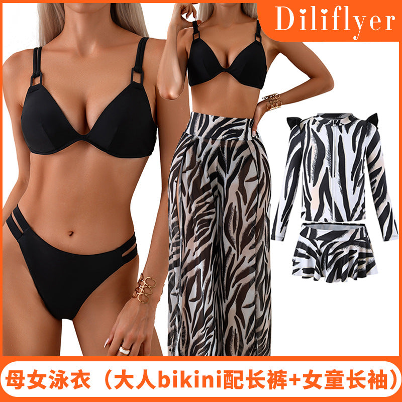 New Style Bikini Three-Piece Set Mesh Printed Long Pants Swimwear Factory Direct Wholesale