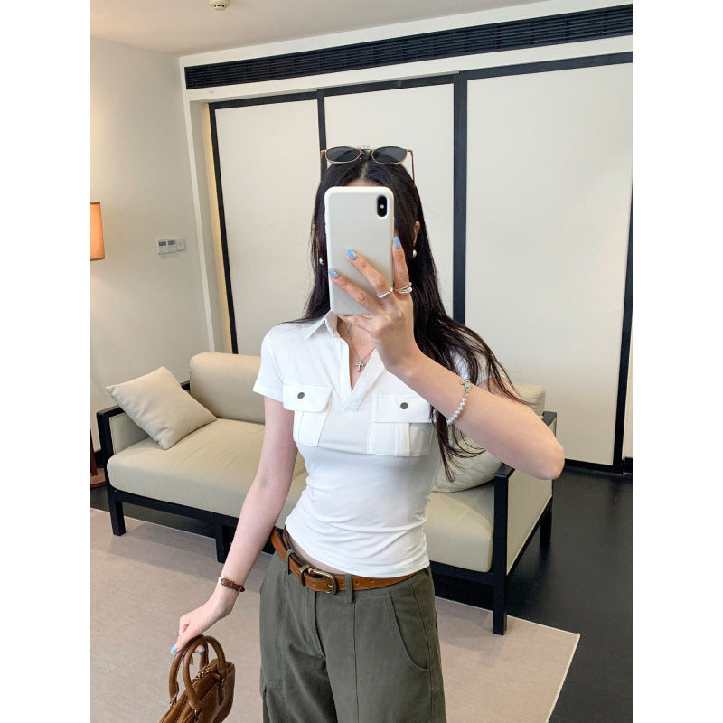 Pocket Button Design Polo Neck Short Sleeve T-Shirt Slim Fit Top