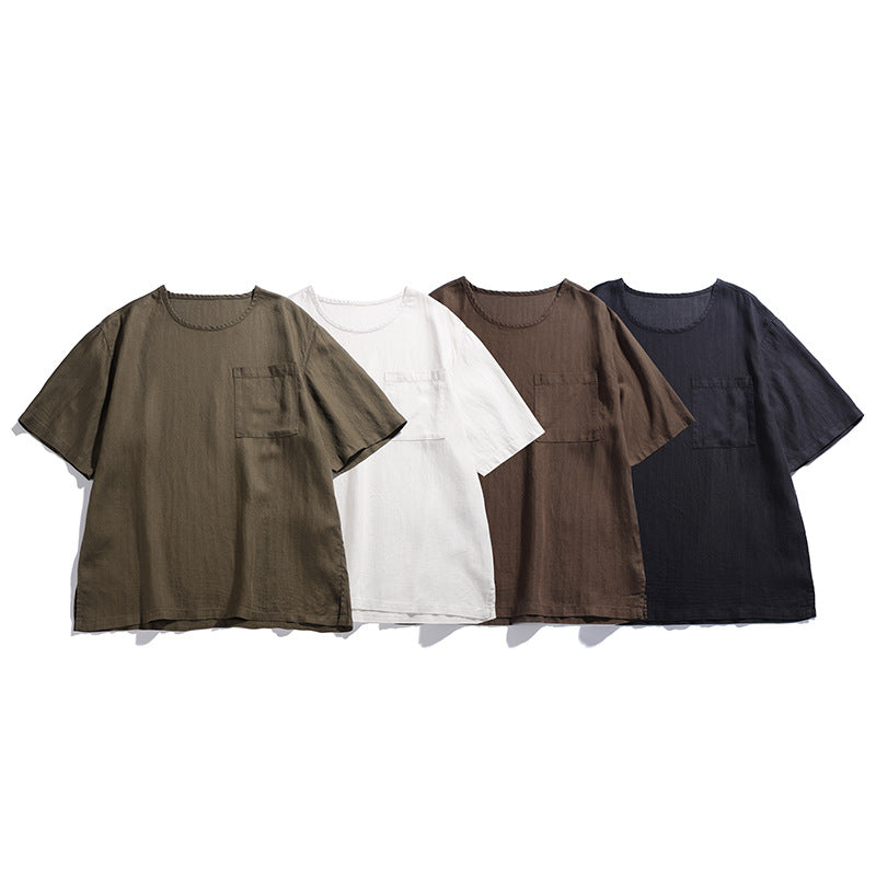 Solid Color Patch Pocket Loose Round Neck Short Sleeve Men's T-Shirt