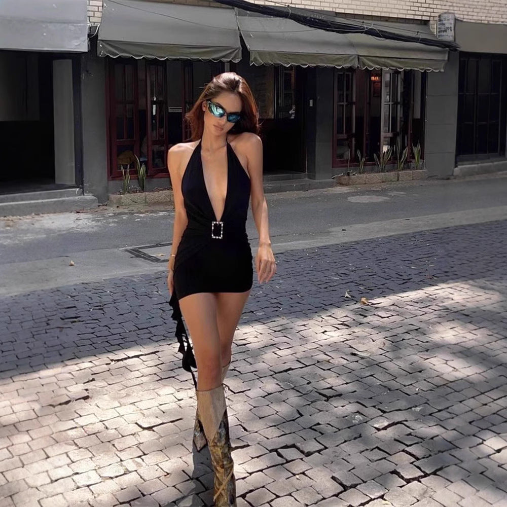Deep V-Neck Rhinestone Embellished Fitted Bodycon Dress for Dating and Occasions