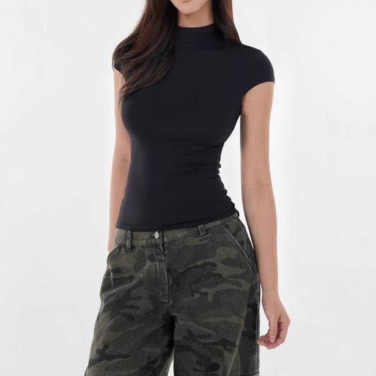 Soft High Neck Elastic Slim Fit Short Sleeve T-Shirt for Women