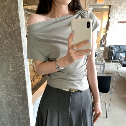 Off-Shoulder Sleeveless Fitted T-Shirt with Ruched Waist and Short Sleeves