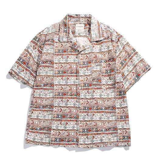 Hawaiian Print Short Sleeve Cuban Collar Loose Fit Casual Shirt