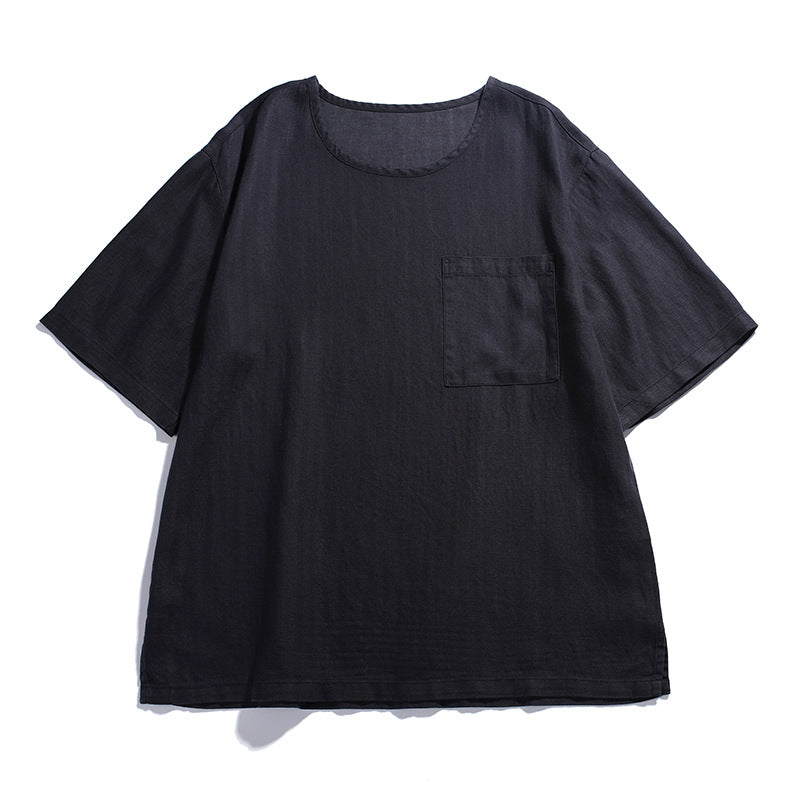 Solid Color Patch Pocket Loose Round Neck Short Sleeve Men's T-Shirt