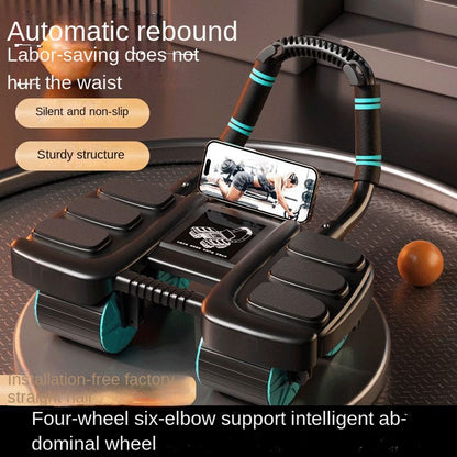 auto-return ab roller for home workout, four-wheel design with elbow support and smartphone holder.
