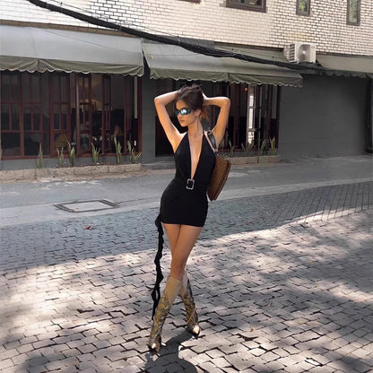 Deep V-Neck Rhinestone Embellished Fitted Bodycon Dress for Dating and Occasions