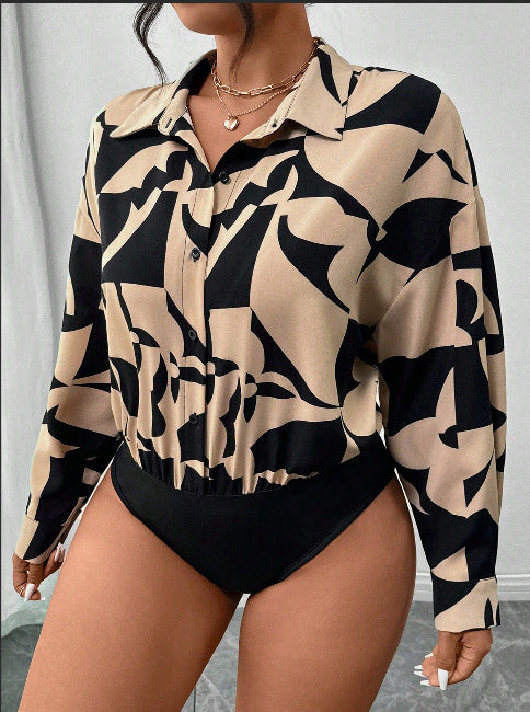 Casual Solid Color Long Sleeve Loose Shirt One-Piece Swimwear for Women