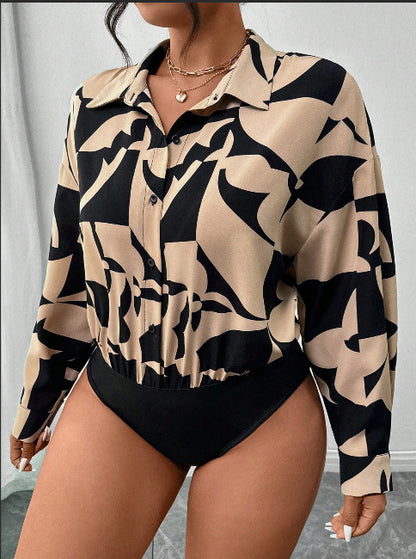 Casual Solid Color Long Sleeve Loose Shirt One-Piece Swimwear for Women