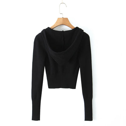Elastic slim fit drawstring hooded zipper top