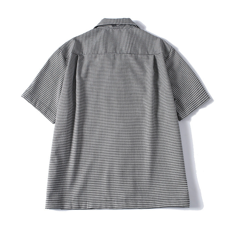 Houndstooth Pattern Short Sleeve Cuban Collar Drapey Casual Shirt