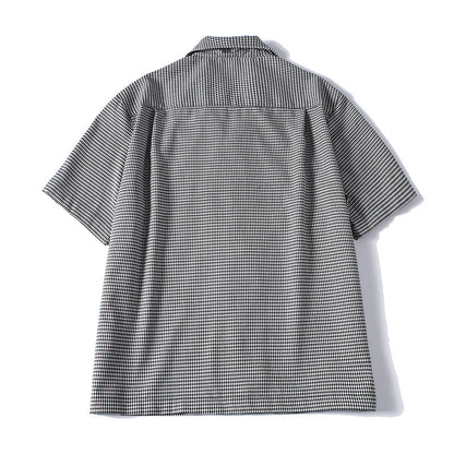 Houndstooth Pattern Short Sleeve Cuban Collar Drapey Casual Shirt