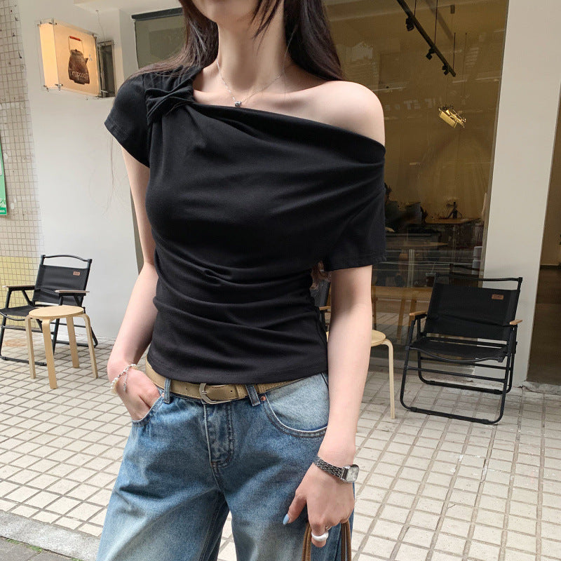 Off-Shoulder Sleeveless Fitted T-Shirt with Ruched Waist and Short Sleeves