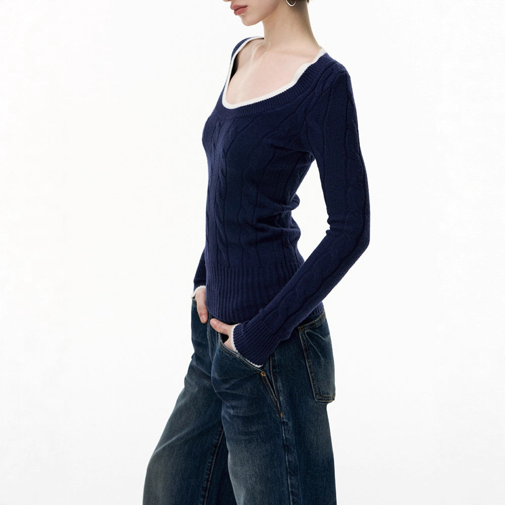 Silk-Cotton and Wool Blend Crew Neck Long Sleeve Sweater Slim Fit Knitted Top for Women