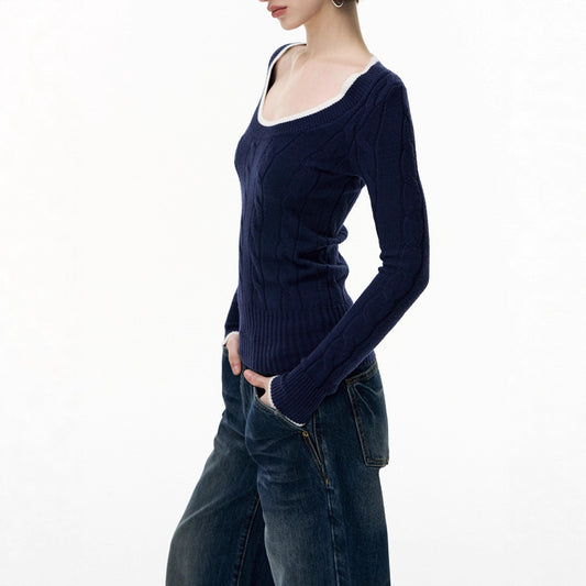 Silk-Cotton and Wool Blend Crew Neck Long Sleeve Sweater Slim Fit Knitted Top for Women