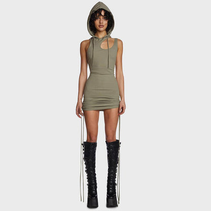Hooded Pleated Tie-Up Dress for Women, Sexy Mini Dress with Pure Seductive Look
