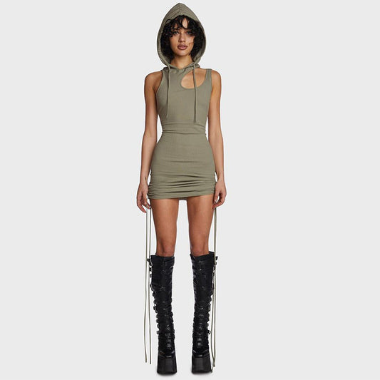 Hooded Pleated Tie-Up Dress for Women, Sexy Mini Dress with Pure Seductive Look